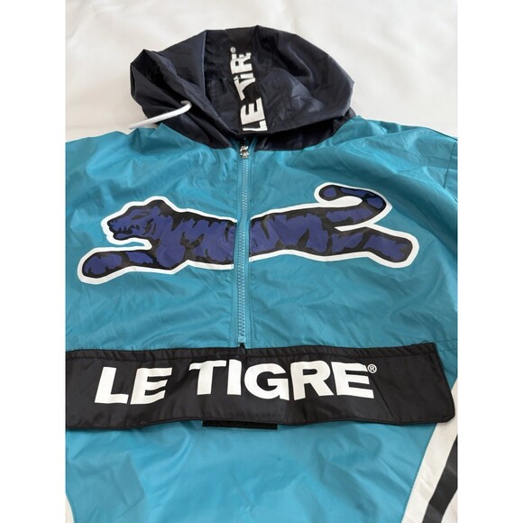 Le Tigre Hooded Quarter Zip Windbreaker Jacket Blue Black Men’s Sz Large b - Picture 2 of 9